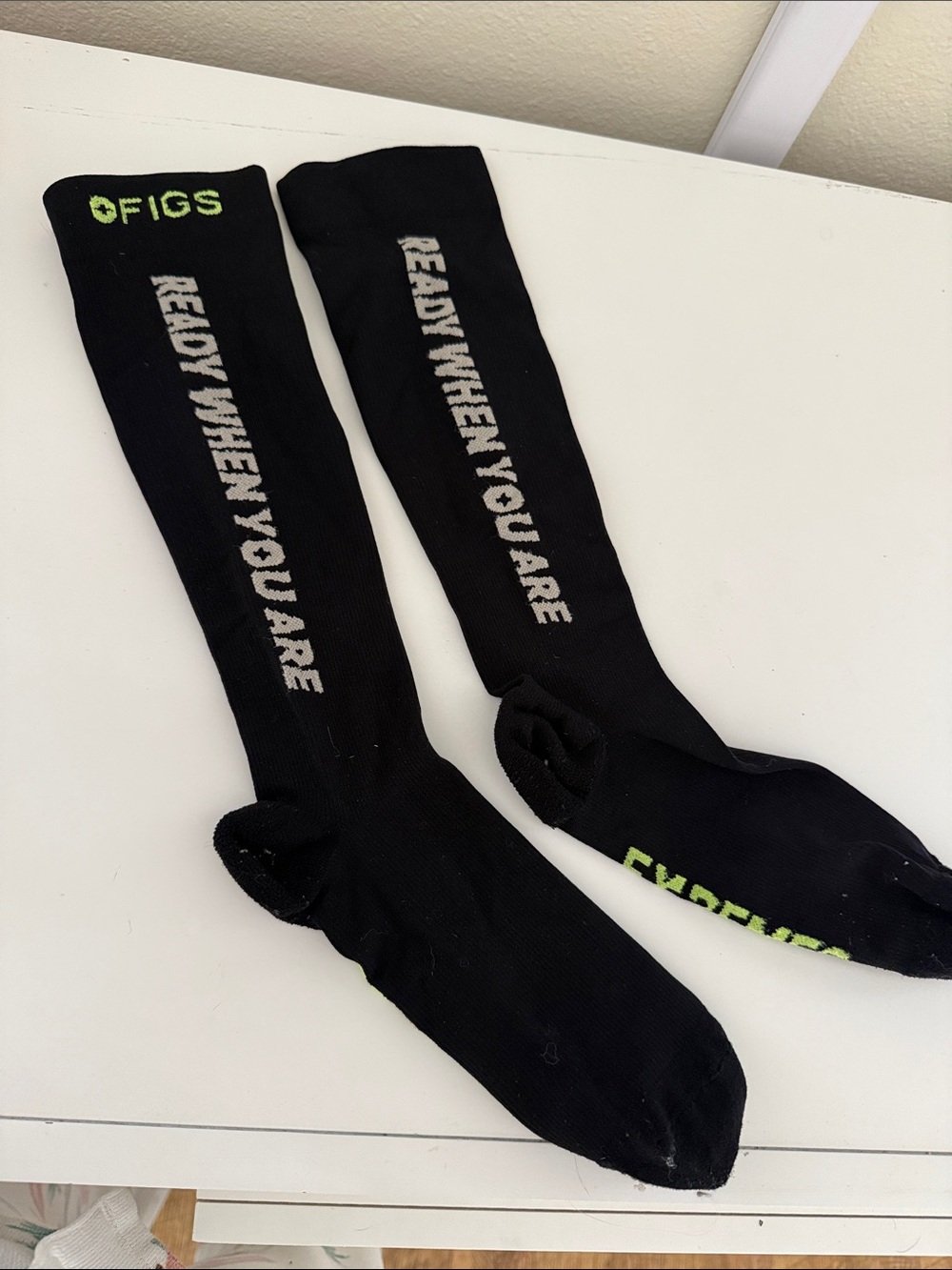 Figs Black Knee-High Athletic Socks with White Script and Lime Logo